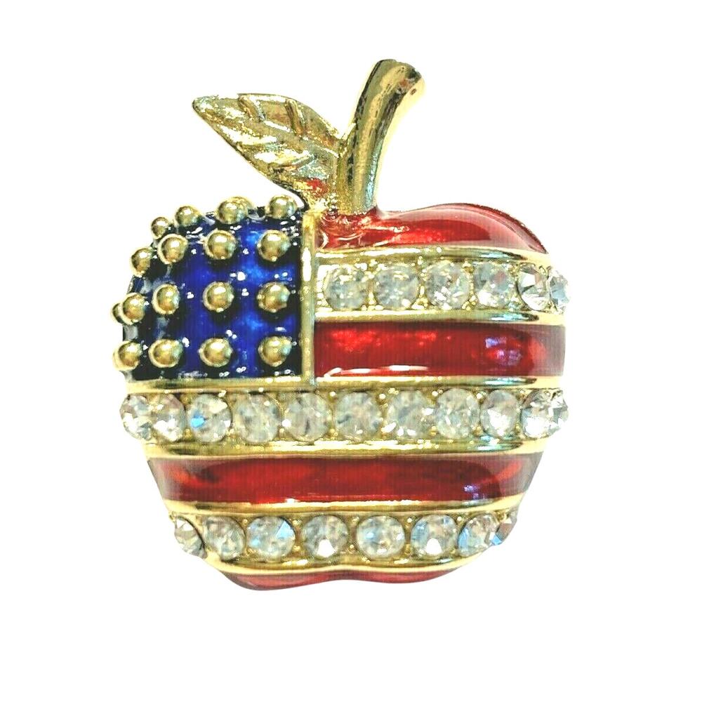 USA Patriotic Brooch Apple Shape Gold Tone Red & Blue Enamel White Rhinestones